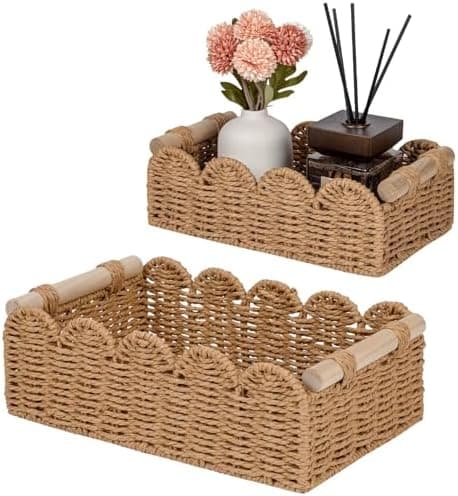 CubesLand Toilet Paper Storage Organizer Basket, Scalloped Decorative Baskets for Over Toilet Shelves, Wicker Small Basket Perfect for Home Countertop Storage & Decor, Living Room Shelf Decor, Neutral