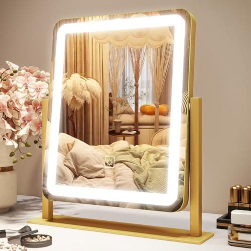 ROLOVE Vanity Mirror with Lights, 12.6"×15" LED Makeup Mirror, Lighted Makeup Mirror with Lights, Smart Touch Control Dimmable 3 Modes Light, Lighted Up Mirror for Makeup Desk, Gold
