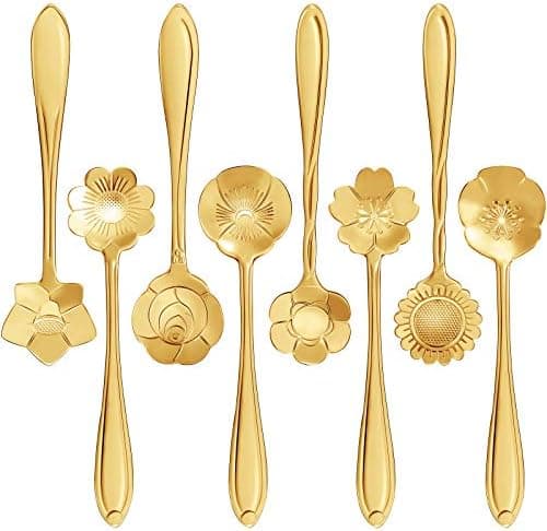 Maitys 16 Pieces Stainless Steel Flower Coffee Spoon Dessert Sugar Ice Cream Stirring Tea Spoon Set for Tableware Kitchen, Cafe or Bar(Gold)