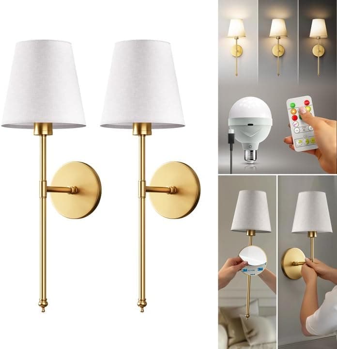 PRIDOLA Set of 2 Wireless Wall Sconces – Stick-On or Screw Mount - Rechargeable LED Bulbs, Remote Controlled, Adjustable Brightness & Warmth, Easy Installation, Living Room Wall Decor (Gold)