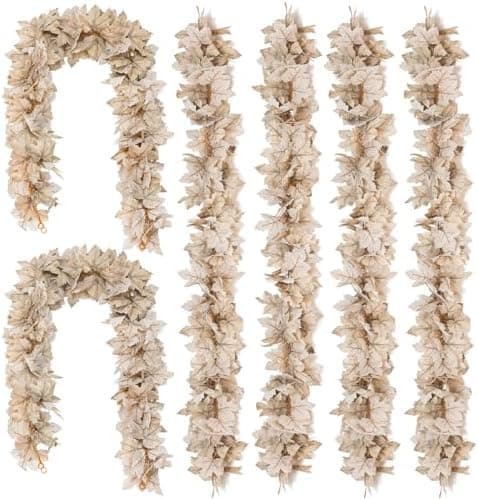 6PCS Beige Fall Maple Leaves Garland, 5.6Ft Artificial Maple Leaf Autumn Garland Hanging Fall Vines Table Decorations Front Door Fall Decor Thanksgiving Decorations Decor Outside Indoor Decor