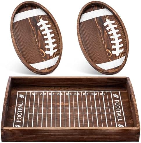 Ziliny 3 Pcs Wooden Football Serving Trays Charcuterie Board, Platter, Dishes Wooden Football Field Shaped Plates for Game, Birthday, Kitchen Parties(Oblique)