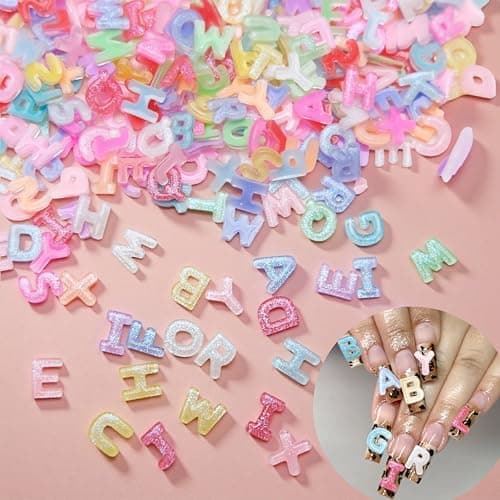 300Pcs Letter Nail Art Charms Random Candy Color Letter Resin Nail Rhinestones Kawaii Mini Flatback Alphabet Nail Gems with Aurora Glitter Design Nail Art Accessories for DIY Craft Nail Supplies