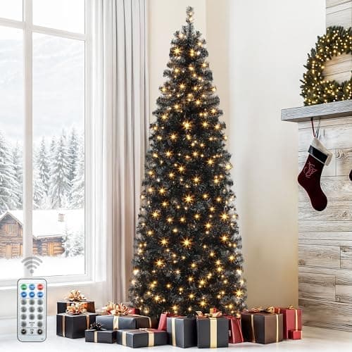 DWVO Pre-Lit Slim Artificial Pencil Tree 7.5ft, Black Hinged Design for Halloween and Christmas with 1000 Branch Tips and 350 Lights, Ideal for Office, Home, and Party Decor with Remote Control