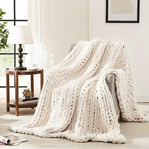 L'AGRATY Chunky Knit Blanket Throw,Soft Chenille Yarn Throw Blanket 50x60，Handmade Cable Knit Crochet Blanket,Large Knit Blankets Chunky Yarn,Rope Knot Throw Blanket for Couch Sofa Bed Home Decor