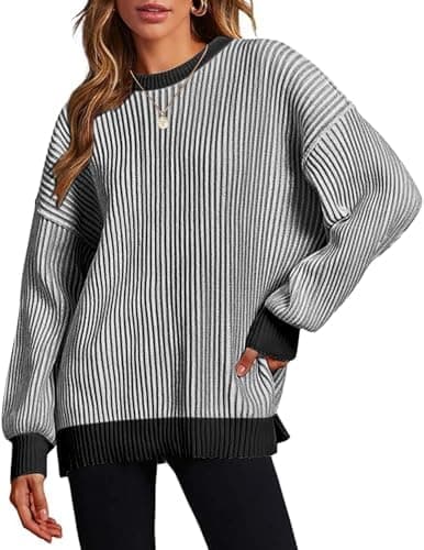 Zeagoo Women 2026 Fall Lightweight Oversized Sweater Crew Neck Long Sleeve Color Block Pullover Rib Knit Blouse Tops XS-2XL