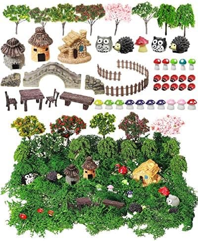 Canlierr 58 Pcs Mini Garden Accessories Set Fairy Village Miniature Fairy House Starter Kit Mini Terrarium Figurines Micro Landscape Mixed Model Tree Diorama Supplies for DIY Succulent Dollhouse Craft