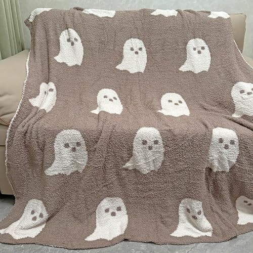 Soft Ghost Throw Blanket Cute Funny Spooky Blanket Blanket Plush Fuzzy Reversible Blankets for Bed Sofa Couch Livingroom Chair Car Travel, 51"x63", Khaki