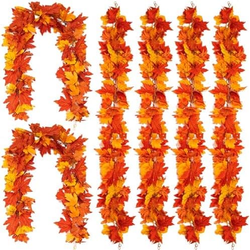 6PCS Yellow-Red Fall Maple Leaves Garland, 5.6Ft Artificial Maple Leaf Autumn Garland Hanging Fall Vines Table Decorations Front Door Fall Decor Thanksgiving Decorations Decor Outside Indoor Decor