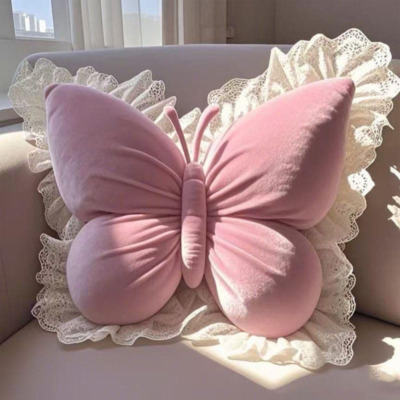 PEACH CAT Butterfly Pillow with Lace Trim Decorative Butterfly Shaped Throw Pillows 16" x 16" Soft Plush Cushion Decor for Bedroom Living Room Sofa Couch Pink