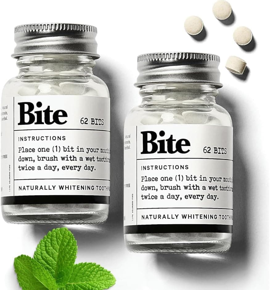 Bite Whitening Toothpaste Tablets – 2 Months – Fluoride Free, Nano Hydroxyapatite + Xylitol, Mint – Vegan, Cruelty-Free, Made in USA, Sensitive Teeth, Travel Size, Adults, Kids, (2 Bottles, 124 Tabs)