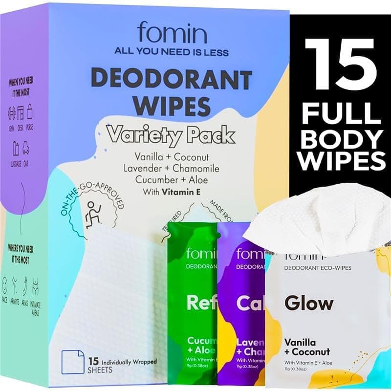 FOMIN Travel Deodorant Wipes - 15 Count - Variety Pack - pH Balanced, Hypoallergenic Mini Deodorant Wipes For Women and Men - Plastic-Free, Individually Wrapped Underarm & Body Wipe