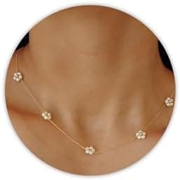 SmileBelle Pearl Necklaces, Daisy Pearls Choker for Women's Pearl Strand Necklaces as Silver and Gold Choker for Teens, Silver Daisy Birthday Gifts 3 Pearls White Necklace as Prom Bridesmaid gifts