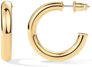 PAVOI 14K Gold Plated Lightweight Chunky Open Hoops for Women | Trendy Gold Hoop Earrings