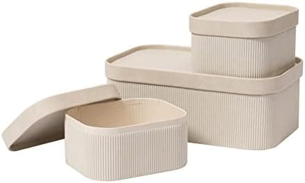 LA JOLIE MUSE Fluted Cardboard Storage Baskets with Leather-Like Lids, Sturdy Stackable Paper Boxes Decorative Tray, Light Grey, Set of 3
