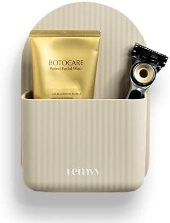 Modern Shower Caddy Suction Cup for Wall or Mirror - Silicone, BPA-Free Bathroom Organizer - Waterproof and Moveable - Holds Toothbrush, Soap, Razor, and Shampoo - Suction Shower Caddy (Sand/Tan)