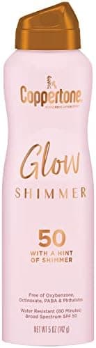 Coppertone Glow with Shimmer Sunscreen Spray SPF 50, Water Resistant Spray Sunscreen, Broad Spectrum SPF 50 Sunscreen Spray, 5 Oz Spray