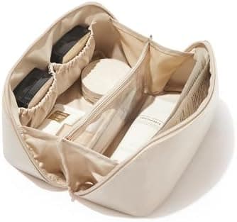 EACHY Travel Makeup Bag, Large Capacity Cosmetic Bag for Women, Waterproof PU Leather, Flat Open Portable Toiletry Bag for Skincare, Brushes & Travel Essentials