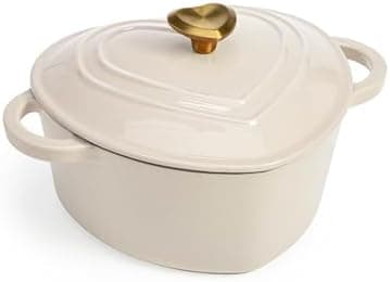 Paris Hilton Enameled Cast Iron Dutch Oven Heart-Shaped Pot with Lid, Dual Handles, Works on All Stovetops, Oven Safe to 500°F, 2-Quart, Cream