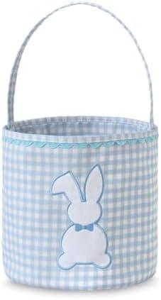 DYSHAYEN Bunny Easter Basket, Gingham Empty Easter Bucket with Handle for Easter Egg Hunts Party Favor Decorations (Blue)