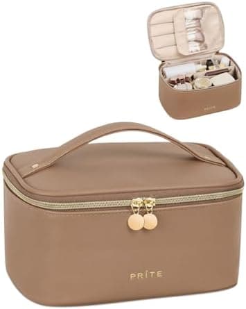 Prite Makeup Bag, Large Capacity Portable Travel Cosmetic Bag, Waterproof Makeup Organizer for Women with Handle and Divider (001 Brown)