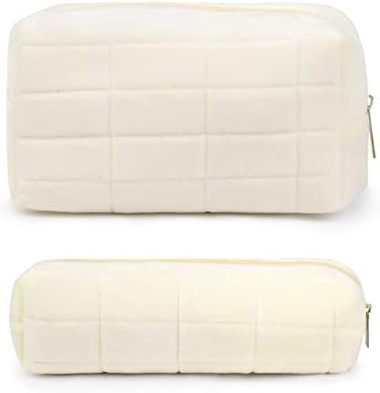 SOIDRAM Makeup Bag Checkered Cosmetic Bag Plush White Makeup Pouch 1Pcs Large Capacity Makeup Bags and 1Pcs Makeup Brushes Storage Bag Travel Toiletry Bag Organizer