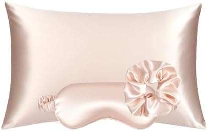 KISMETICS - Vegan Silk Sleep Set, Vegan Silk Pillowcase with Large Scrunchie and Eye Mask for Hair and Skin, Self Care Essential Satin Night Routine Kit (Light Pink Color)