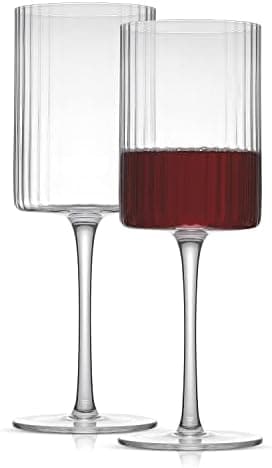 JoyJolt Elle Fluted Wine Glasses, 17.5oz Red Wine Glass Set of 2, Unique Stemmed Glass, Big Long Stem Cocktail Vintage Style Drinking Glasses