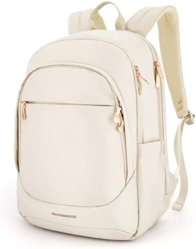 LIGHT FLIGHT Travel Laptop Backpack for Women, 15.6 Inch Backpack with USB Charging Hole, Water Resistant College Bookbag, Large Capacity Black Computer Backpacks for Work, Warm Beige