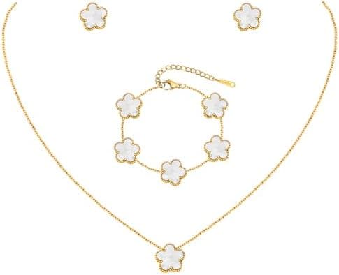 Gold Necklaces Bracelets Earring Set - 18K Gold Plated Flower Bracelet Chain,Stainless Steel Non Tarnish Floral Pendant Stud Jewelry Sets,Christmas Birthday Lucky Gift for Mom Wife Daughter Girlfriend