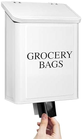 Calindiana Modern Farmhouse Metal Magnetic Grocery Bags Holder for Plastic Bags with LId and Kitchen Organizer and Storage Wall Mount Grocery Bag Dispenser Space Saving, White