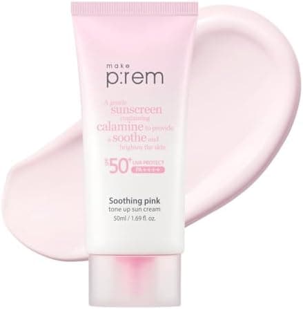MAKE P:REM Soothing Pink Tone Up Sunscreen, Mineral Sun Care for Dehydrated Skin, Lightweight, Non-Greasy Formula, Skin Tone Correction, Korean Sunscreen, SPF 50, 1.69 fl.oz. (50ml)