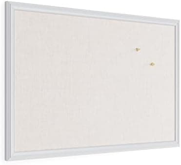 U Brands Farmhouse Linen Bulletin Board, 30" x 20", White Wood Frame, Wall Mounted Pin Board for Home Office, Classroom & Kitchen, Includes Push Pins