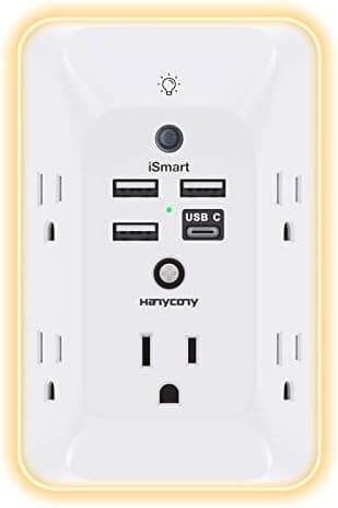 Outlet Extender with Night Light, HANYCONY Multi Plug Outlet, USB Wall Charger Surge Protector 4 USB Ports(1 USB C), Power Strip Electrical Outlet Splitter Expander for Home Office Dorm Room, ETL