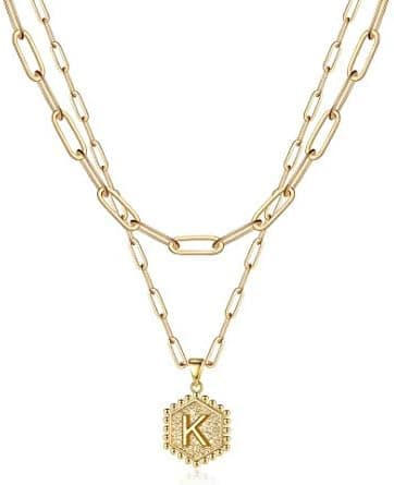M MOOHAM Easter Gifts for Women Girls Easter Basket Stuffers, 14K-Gold-Plated Initial Necklaces for Women Cute Hexagon Letter Initial Necklace Layered Necklaces for Womens Teen Girl Gifts