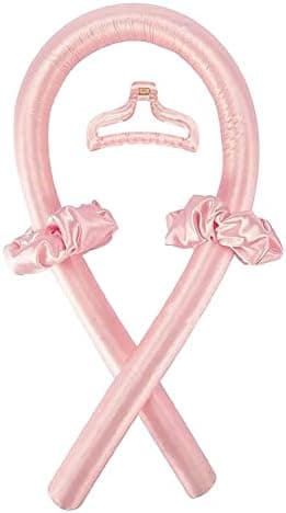 Heatless Curling Rod Headband No Heat Silk Ribbon Curling Rod Hair Roller Curls with Hair Claw Clip Lazy Natural Soft Wave DIY Hair Rollers Styling Tool for Sleep in Overnight (Pink)