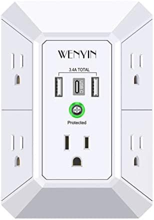 USB Wall Charger, Surge Protector, 5 Outlet Extender with 3 USB Ports, 3-Sided 1680J Power Strip Multi Plug Outlets Wall Adapter Spaced for Home Travel Office (2USB 1Typc C)