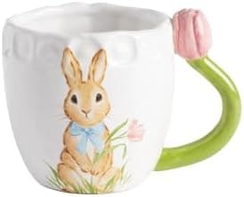 Mud Pie Stoneware Easter Bunny Mug with Figural Pink Tulip Handle