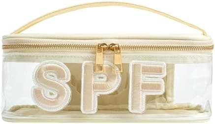 RSRSLEII Clear Waterproof Summer SPF Makeup Bag,Aesthetic Transparent Letter Patch Cosmetic Bag with Metal Zipper, Preppy Sunscreen Accessories Storage Organization, Beach Travel Purse(02SPF Beige)