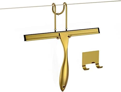 Shower Squeegee and Window Squeegee, Stainless Steel, 100% Streak-Free, Cleaner for Bathroom Showers Glass Doors, Home Mirrors, Car Windows Wiper, Adhesive Holder, Shower Door Hook, 10 Inch, Gold
