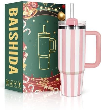 BAISHIDA 30 oz Tumbler with Handle and Straw Classic Striped Insulated Stainless Steel Cup - Peach
