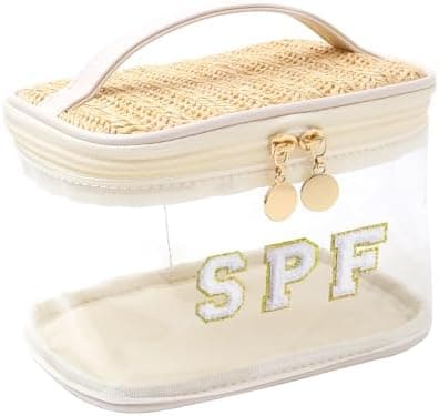 DELURA Chenille Letter Bag Portable Makeup Cases Preppy Patch Makeup Bag with Zipper Cosmetic with Handle Transparent PVC Toiletry Waterproof Storage Bag for Women Girls