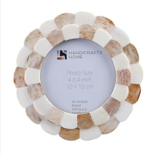 Handicrafts Home Photo Picture Frame - 4" x 4", Round Handmade Gift Photo Frames - Brown & White