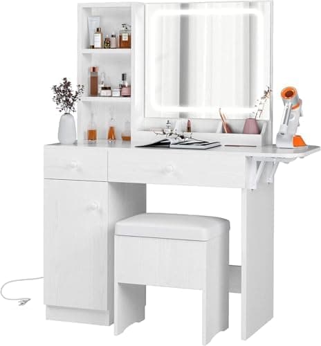 IRONCK Vanity Desk with LED Lighted Mirror & Power Outlet, Makeup Table with Drawers & Cabinet,Storage Stool, White