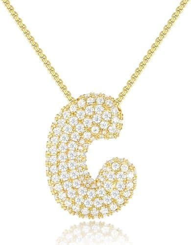 KissYan Bubble Letter Necklace, 14K Gold Plated Balloon Initial Pendant Box Chain Necklace Dainty Pave CZ Jewelry Gift for Women