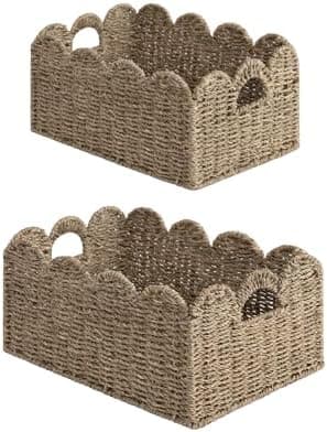 StorageWorks Scalloped Wicker Basket, Woven Baskets for Storage, Rattan Baskets with Handles, Paper Rope Basket for Organizing and Decor, 2 Pack