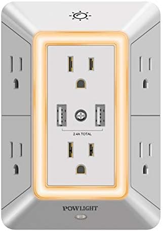 Multi Plug Outlet, Surge Protector, POWLIGHT 6-Outlet Extender with 2 USB Ports, 3-Sided Power Strip with Adapter Spaced Outlets, ETL Listed (Grey)