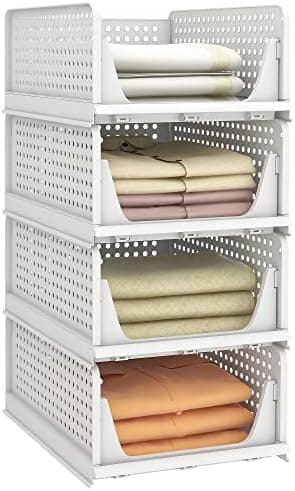 Pinkpum Stackable Plastic Storage Basket, Foldable Closet Organizers, Drawer Shelf Storage Container/Bins for Wardrobe Kitchen Bathroom Office Dorm, White, 4 Packs
