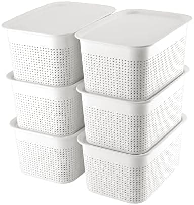 AREYZIN Plastic Storage Bins With Lid Set of 6 Baskets for Organizing Container Lidded Organizer Shelves Drawers Desktop Closet Playroom Classroom Office, White