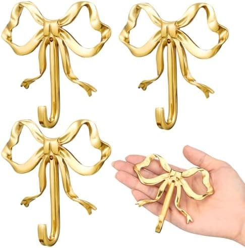 Lineshading 4 Pcs Gold Bow Wall Hooks Brass Coquette Bow Hooks for Coats Hats Bags Bath Towels Robes Vintage Room Decor Office Kitchen Hallway Bathroom Nursery Decorations (L)